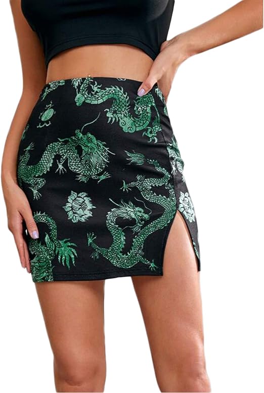 Women's Casual Fashion Dragon Print Skirt Female Stylish High Waist Split Mini Skirt : Amazon.ca ...