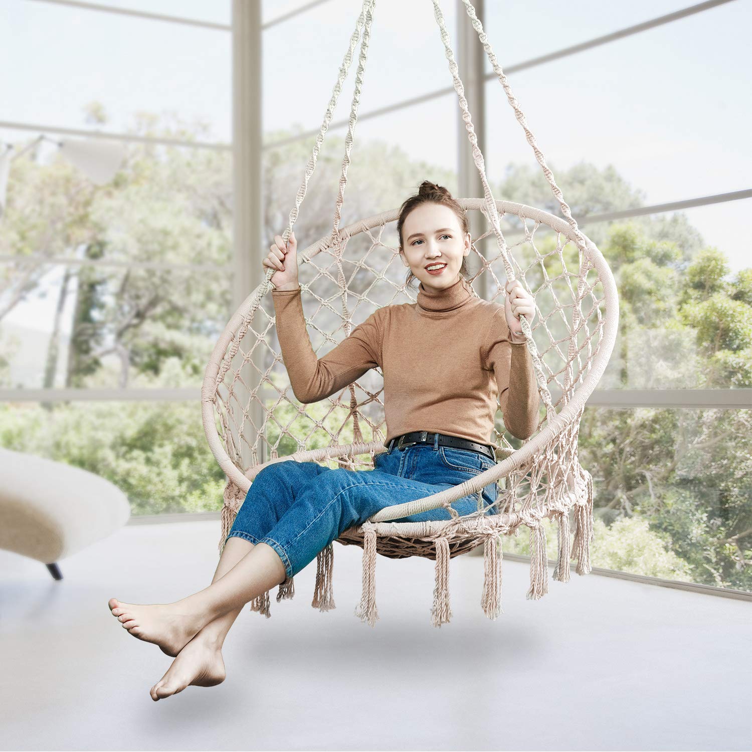 Greenstell Hammock Chair Macrame Swing with Hanging Kits, Hanging Cotton Rope Swing Chair, Comfortable Sturdy Hanging Chairs for Indoor, Outdoor, Home, Patio, Yard, Garden, 330LBS Capacity (Blue)