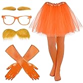 tiggell 6pcs Orange Costume Yellow Eyebrows Fake Mustache Orange Glasses Tulle Tutu Skirt Gloves Pantyhose for World Book Day Halloween Cosplay Dress Up