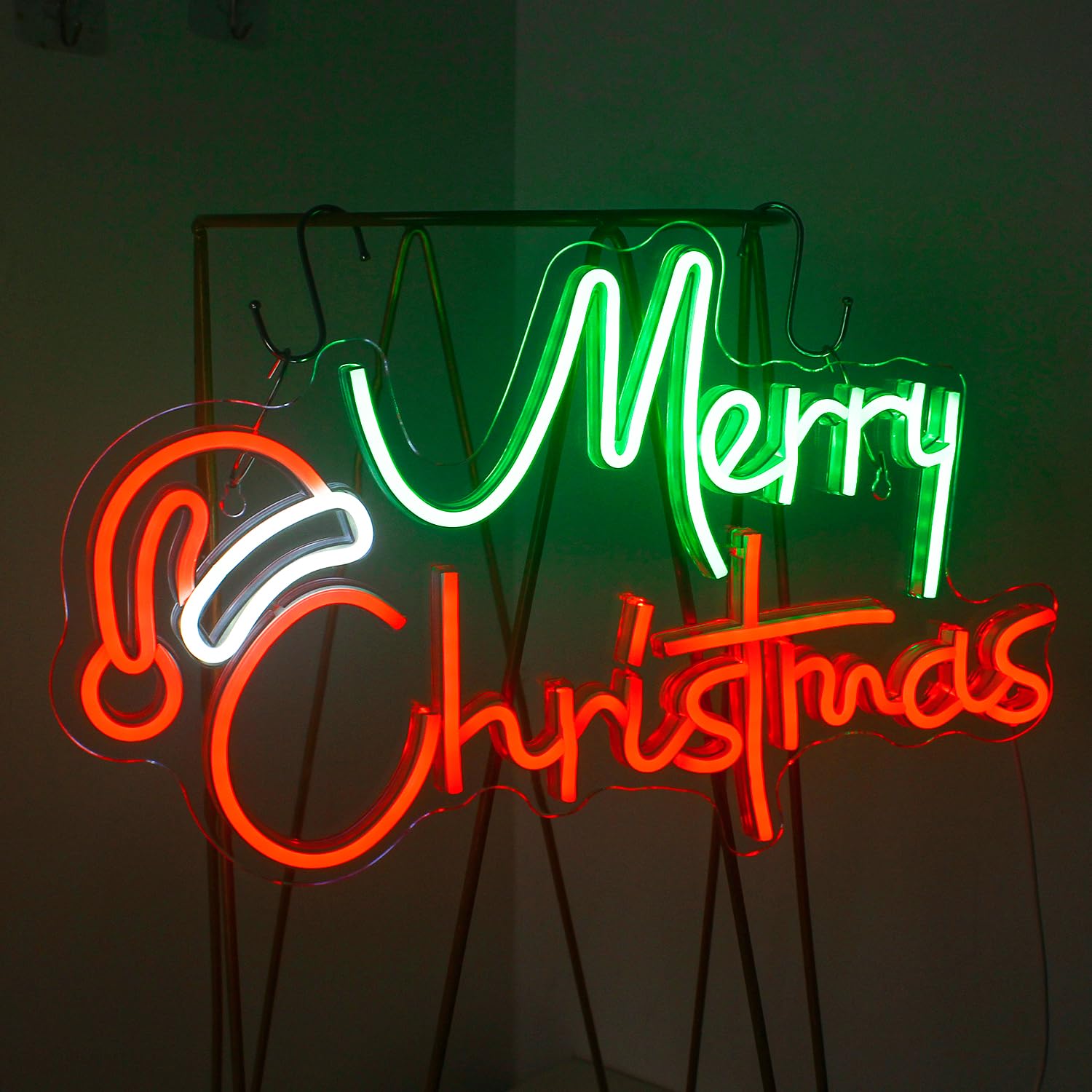 Looklight Merry Christmas Neon Sign Christmas Hat Led Neon Light Green Red Letters Acrylic Neon Light Signs Wall Art for Party Kids Bedroom Bar Pub Club Store Decor Gift