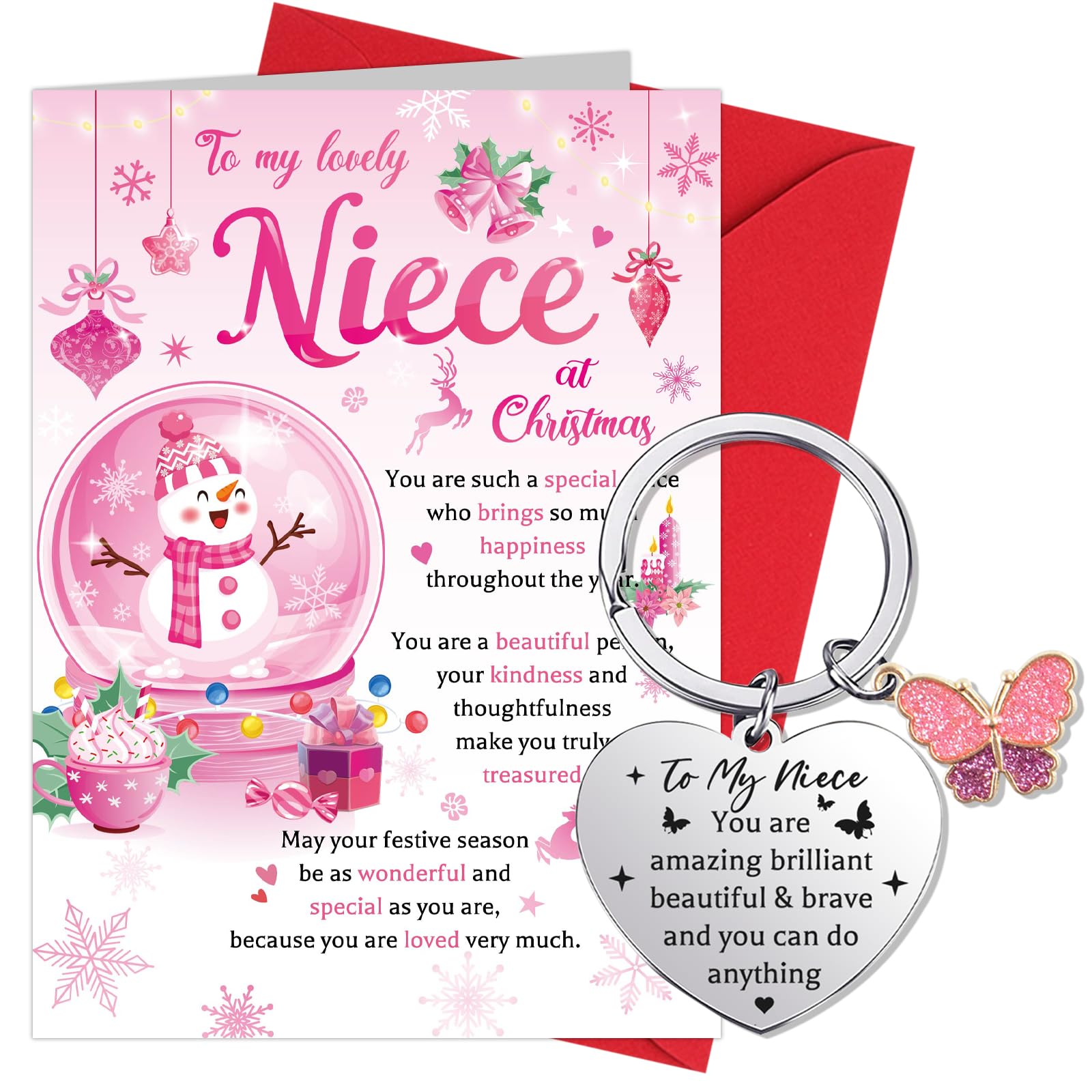 HOWAF Niece Christmas Card, Merry Christmas Card Niece Xmas Card, Christmas Card for Niece Christmas Cards Niece with Christmas Keyring Niece Keyring, Niece Gifts for Christmas, Gifts for Niece