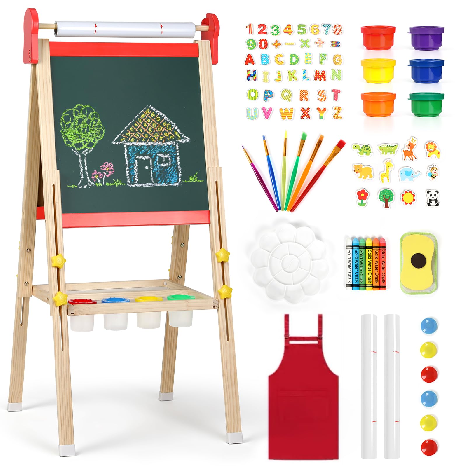 3 in 1 Kids Easel Stand for Painting with Magnetic Board Drawing Paper Chalkboard & White Board, Adjustable Easel with Kids Art Supplies, Painting Set, Gift for Children, Red