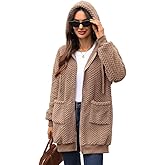 Dugcew Women Mid-Long Fleece Zip Up Jacket Sherpa Hoodie Fuzzy Jacket Warm Winter Teddy Coat with Pockets