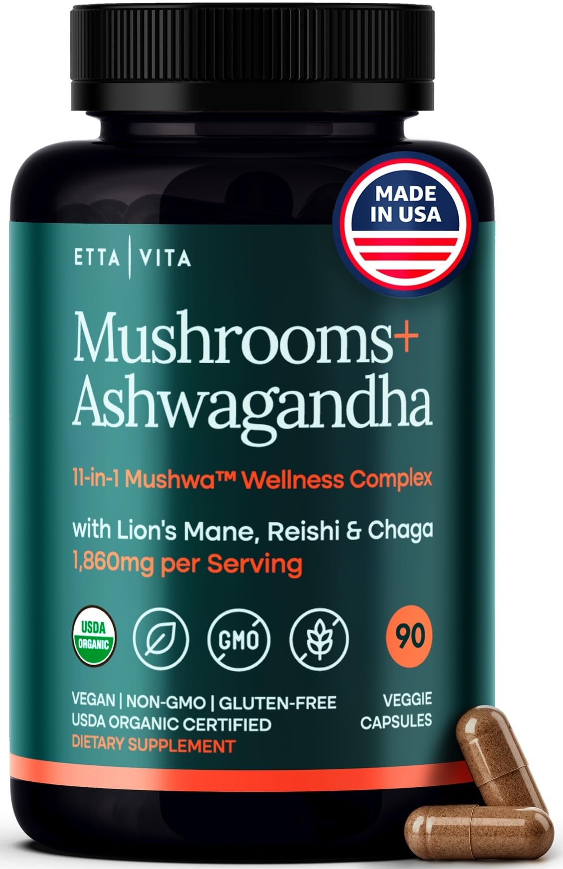 USDA Organic Lions Mane Supplement Capsules with Ashwagandha, Chaga, Reishi, Cordyceps, Turkey Tail (18,600mg/serv) 10x Adaptogenic Mushroom Complex as Focus Supplement - Energy, Immunity & Nootropic