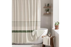 AmazerBath Boho Shower Curtain, Modern Farmhouse Shower Curtain Set with Tassels, Rustic Faux Linen Green Striped Shower Curtain with Hooks, Light Tan Toned, 72x72 Inches