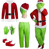 Green Monster Santa Claus Costumes for Men,Christmas Furry Santa Claus Costume Include Mask for Halloween Cosplay