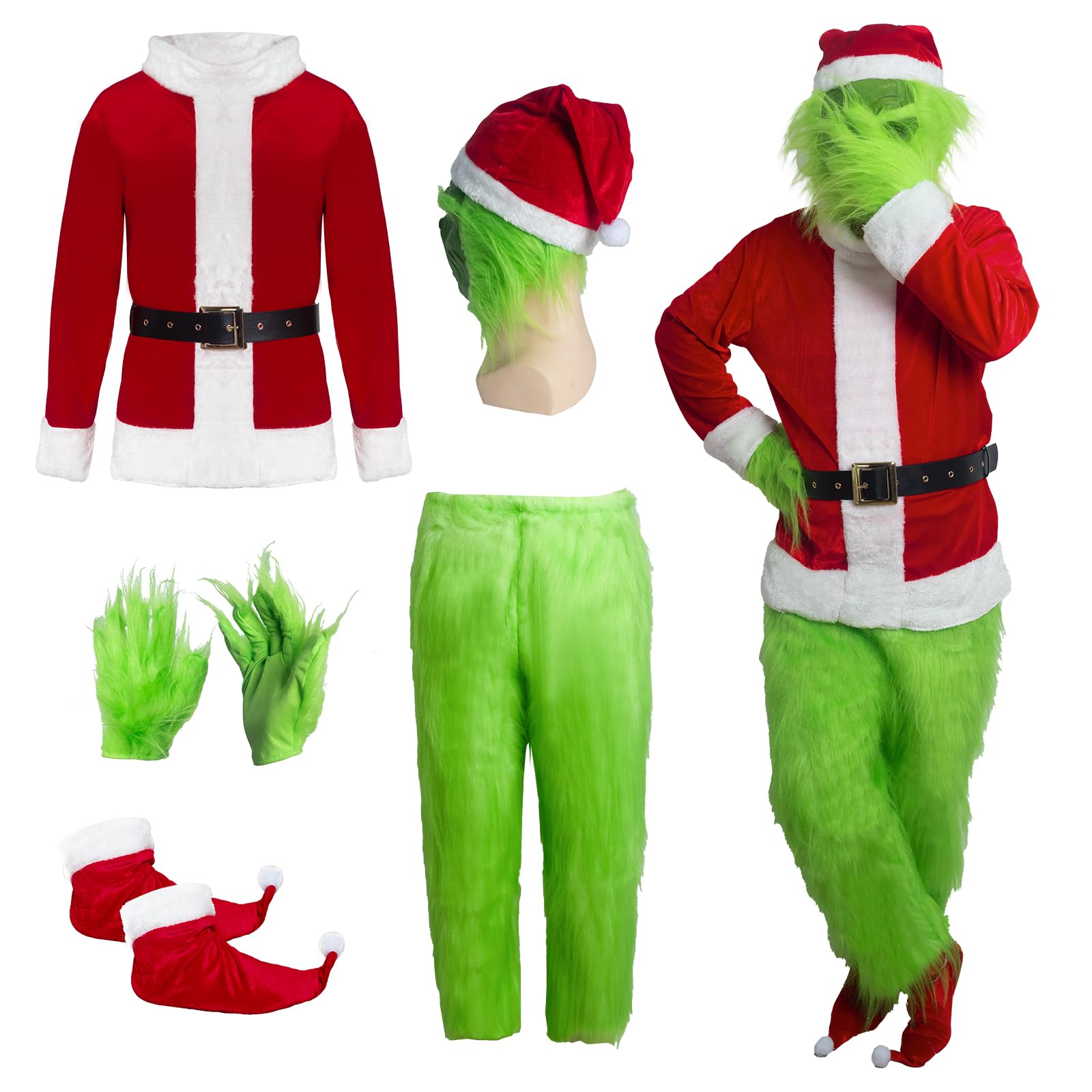 Photo 1 of DJKFAEK Green Monster Santa Claus Costumes for Men,Christmas Furry Santa Claus Costume Include Mask for Halloween Cosplay (L)