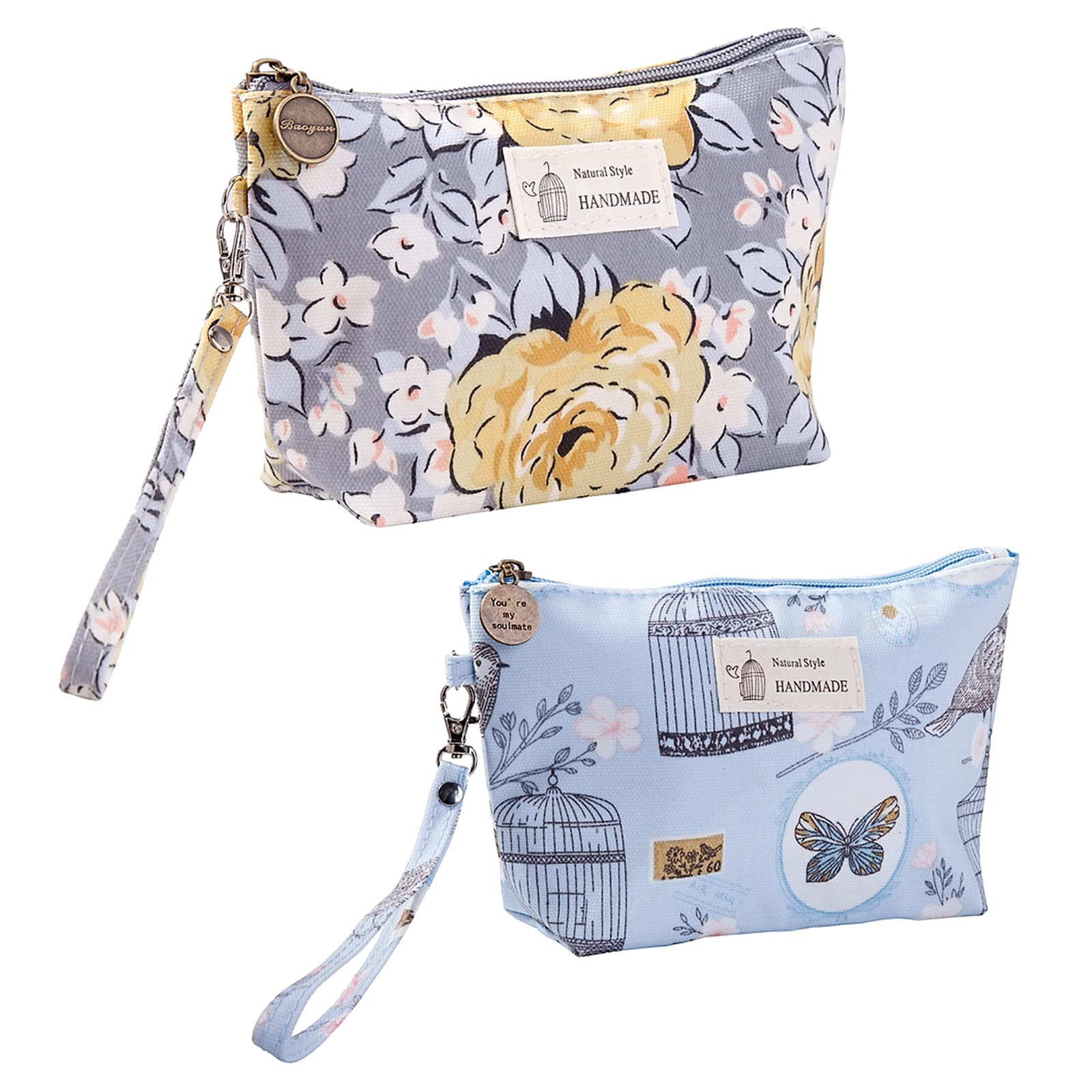2 Pieces Canvas Makeup Bags, Qikuver Cosmetic Bags for Women, Makeup Bag Floral Cosmetic Bag Waterproof Beauty Bags Organizer Pouch Water Resistant Purse Travel Toiletry Bag