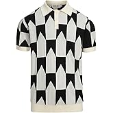 OXKNIT Men's Knitted Vintage Polo Shirt, 1960s Mod Style Retro Polo Black White Pattern Shirt with V-Neck