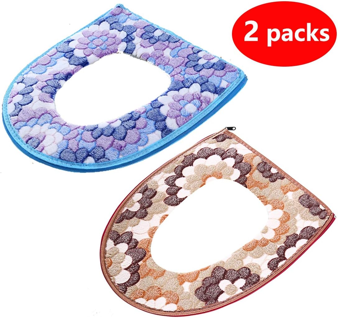 Evealyn Toilet Seat Covers Cushion Bathroom Warm Skin-Friendly Four Seasons Available Zipper Easy to Fit Washable and Reusable 2 pcs (Blue&Gary)