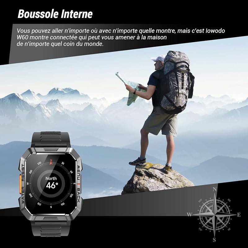 Montre Connectée Militaire Hommes, Autonomie 100 jours, Lampe de Poche LED