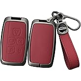 ontto Car Key Cover Fit for Land Rover Accessories 360 Degree Protection Key Fob Shell Metal Frame Key Holder Leather Key Holder Fit for Range Rover Discovery Evoque LR2 LR4 Red
