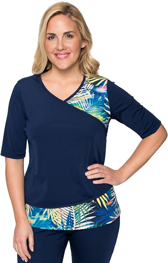 HydroChic Women’s Modest V Neck Wrap Swim Shirt, Short Sleeve Rash
