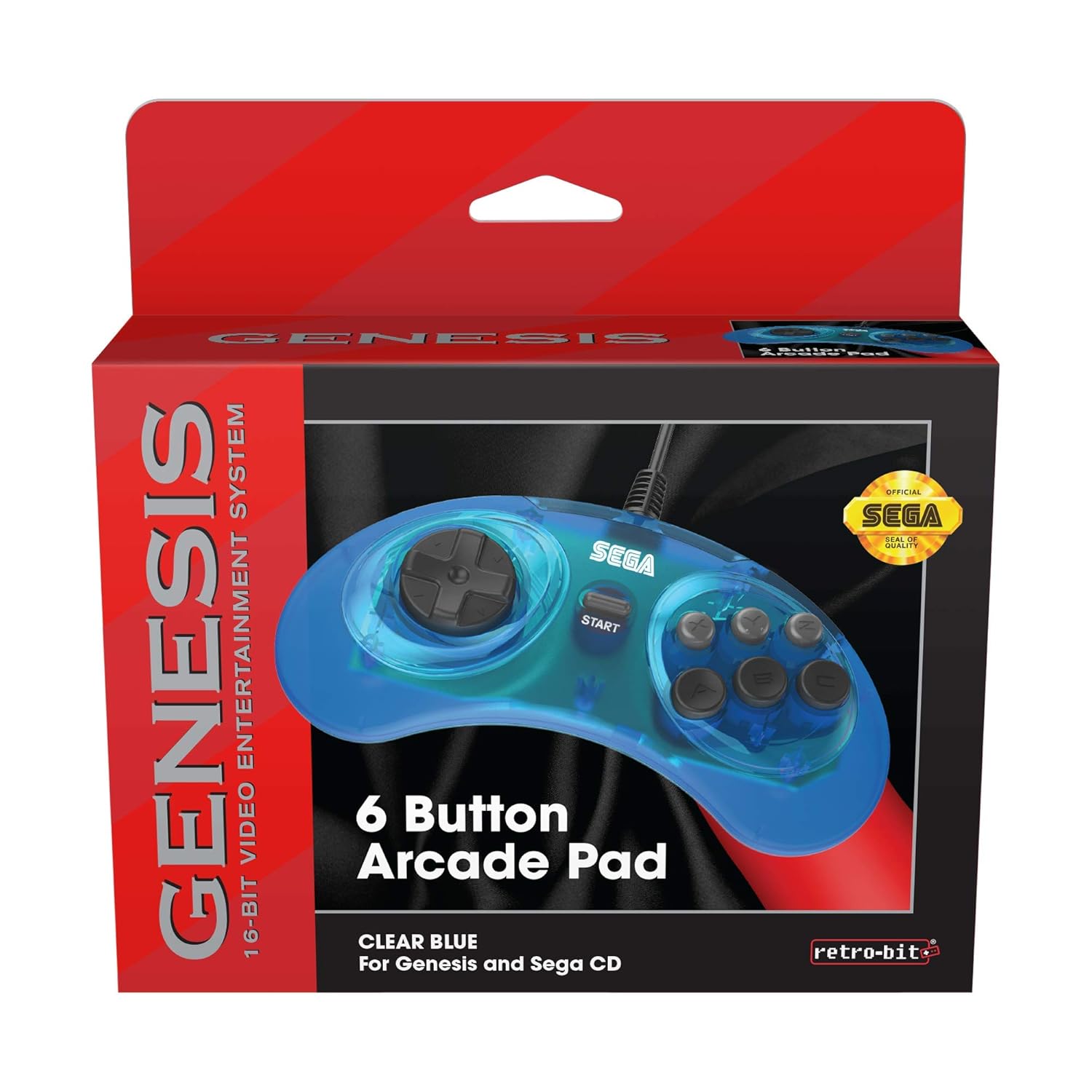 Retro-Bit Official Sega Genesis Controller 6-Button Arcade Pad for Sega Genesis - Original Port - Clear Blue: Video Games