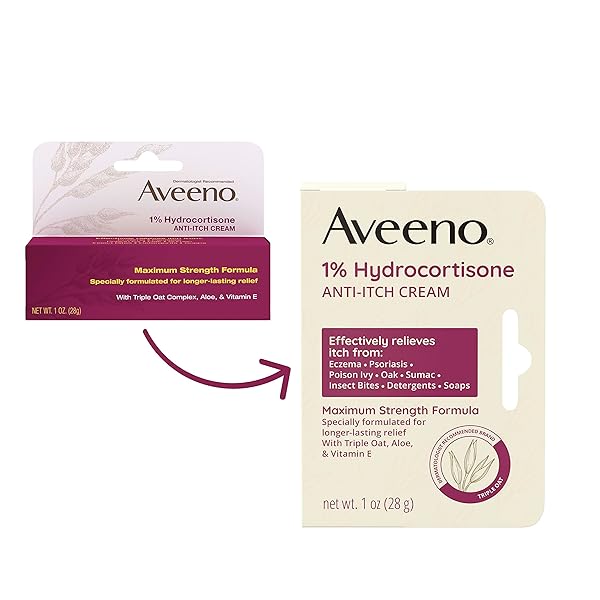 AVEENO MAXIMUM STRENGTH 1% HYDROCORTISONE ANTI-ITCH CREAM, TRIPLE OAT, ALOE & VITAMIN E FOR ITCH RELIEF FROM ECZEMA, PSORIASIS, INSECT BITES, POISON IVY, OAK & SUMAC & DETERGENTS, 1 OZ