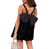 Yiulangde Women's Bow Mini Dress Deep V Neck Short Puff Sleeve Babydoll Dress Romantic Holiday Bowknot Casual Going Out Dress
