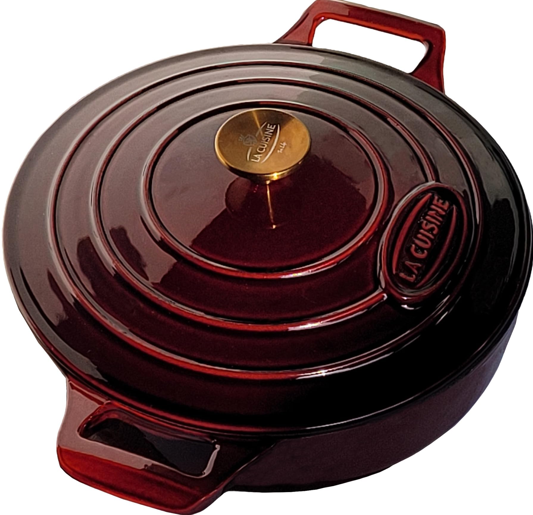 La Cuisine Schmorpfanne aus emailliertem Gusseisen, Servierpfanne, Flache Auflaufform mit Deckel, mattschwarze Innenseite, vergoldeter SS-Knopf, ofenfest. 28 cm 3.5 L. Cranberry 5
