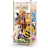 GLDZI Stuffed Animal Storage Zoo with Wheels, Wooden Stuffed Animal Organizer with Elastic Cords, Space Saving Toy Plushies Storage Holder for Playroom, Bedroom, Living Room(Burlywood, Small)