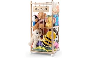 GLDZI Stuffed Animal Storage Zoo with Wheels, Wooden Stuffed Animal Organizer with Elastic Cords, Space Saving Toy Plushies S