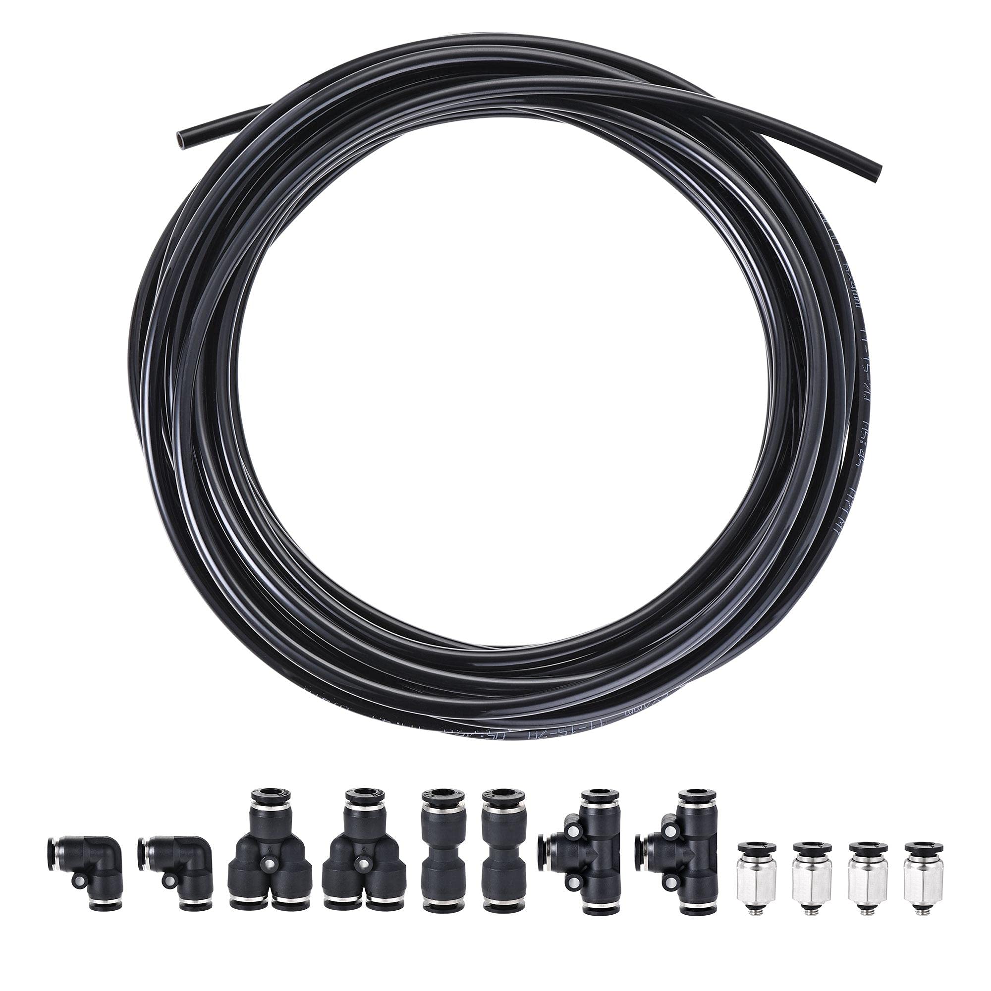 sourcing map Pneumatic 6mm OD PU Air Hose Pipe Tube Kit 10M Black with Push to Connect Fittings