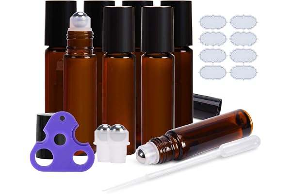 Roll on Bottles 10ml Amber Glass Empty Bottles 8 Piece ULG with Stainless Steel Roller Ball for Essential Oils
