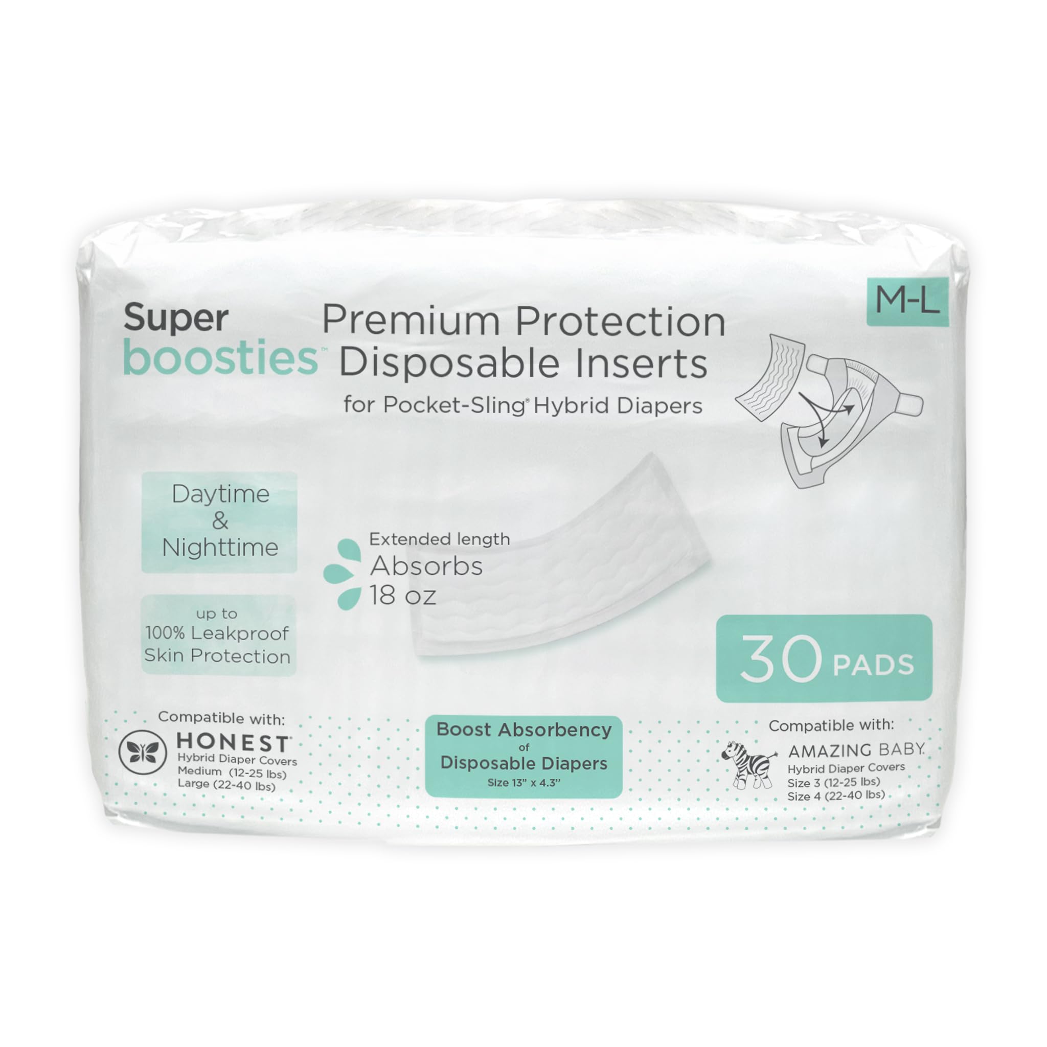 Photo 1 of Overnight Diaper Leak Stopper, Super Boosties Disposable Inserts, Use with Pampers Sizes 4-6, Honest Hybrid Diaper Cover Sz Medium/Large, Amazing Baby Cover Sz 3/4, 4.3x13 in, 30 Count