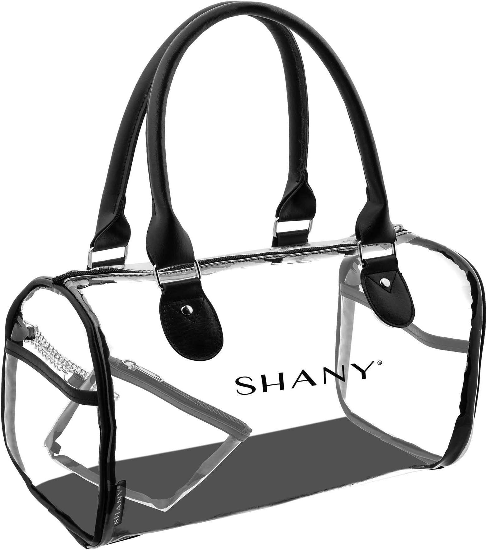 Clear Waterproof Carryall Handbag - See-Thru PVC Tote Bag with Faux Leather Handles, Open Side Pockets and Detachable Cosmetic Bag