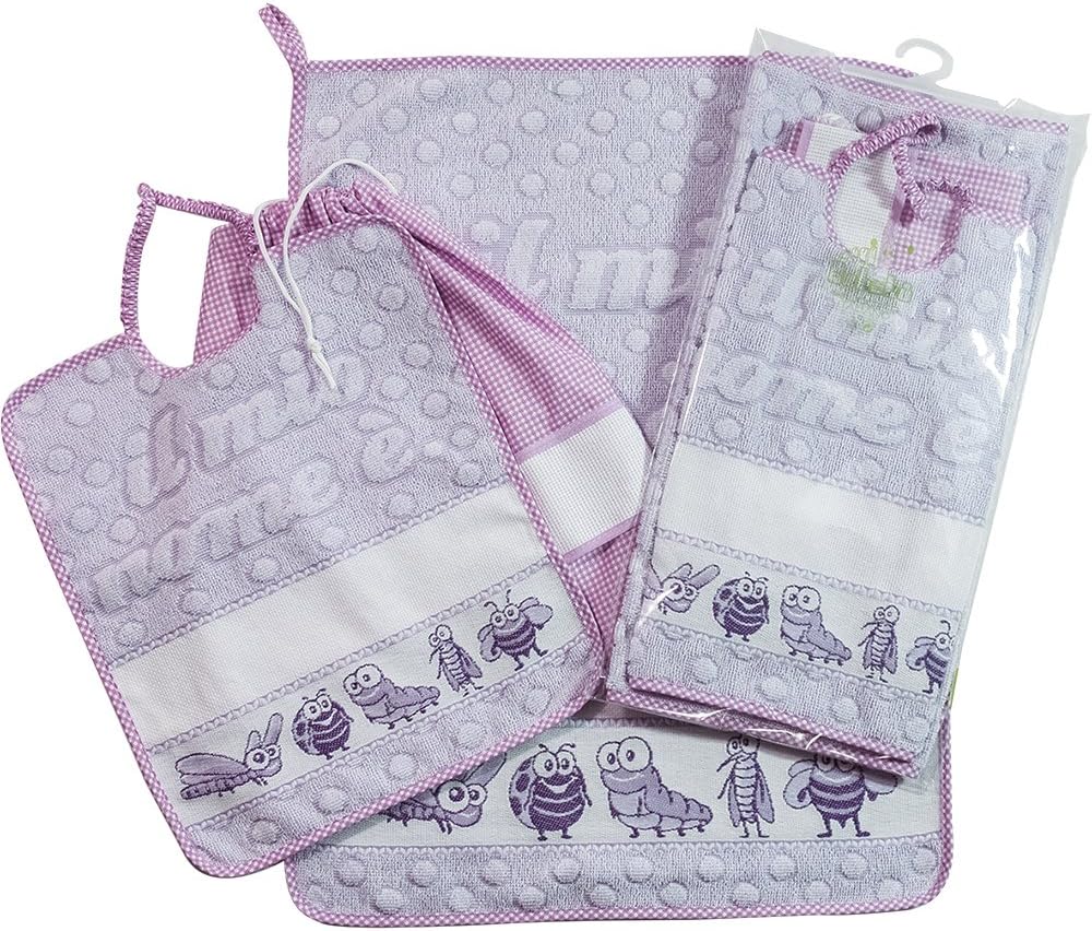 Set Asilo Personalizzato &ndash; Bavaglino E Asciugamano In Cotone, Stampa Nome, Made In Italy, Colore Rosa