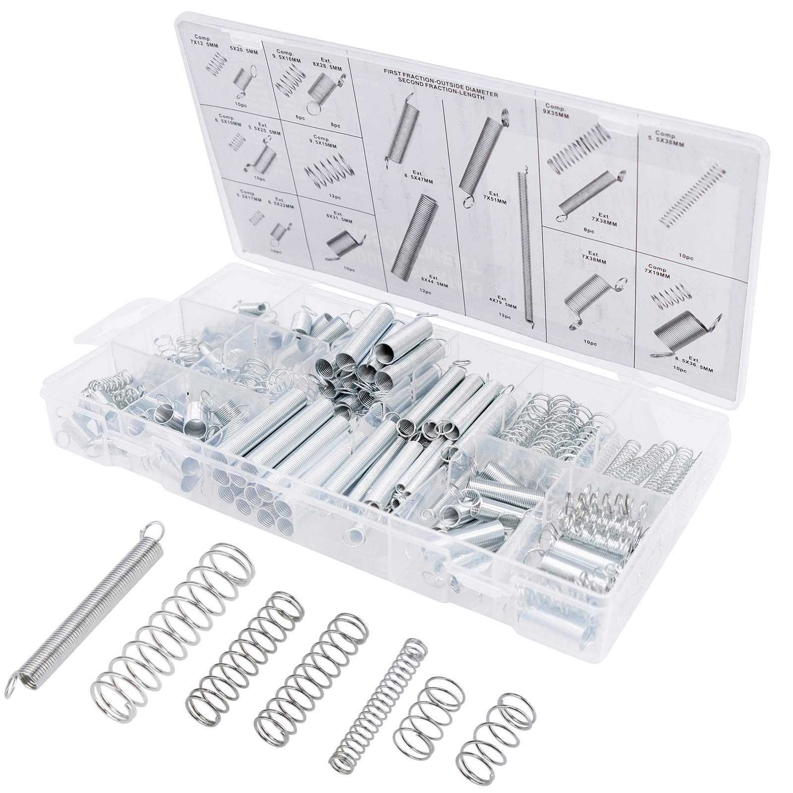 Spring Assortment Set - 200 Piece Extension & Compression Springs Kit - Zinc Plated Steel, Assorted Sizes for Home Repairs & DIY
