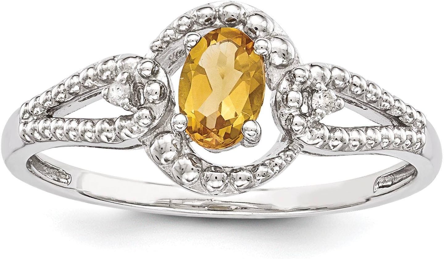 925 Sterling Silver Rhodium-finish November Stone Citrine & Diamond Ring Size 5 - 10
