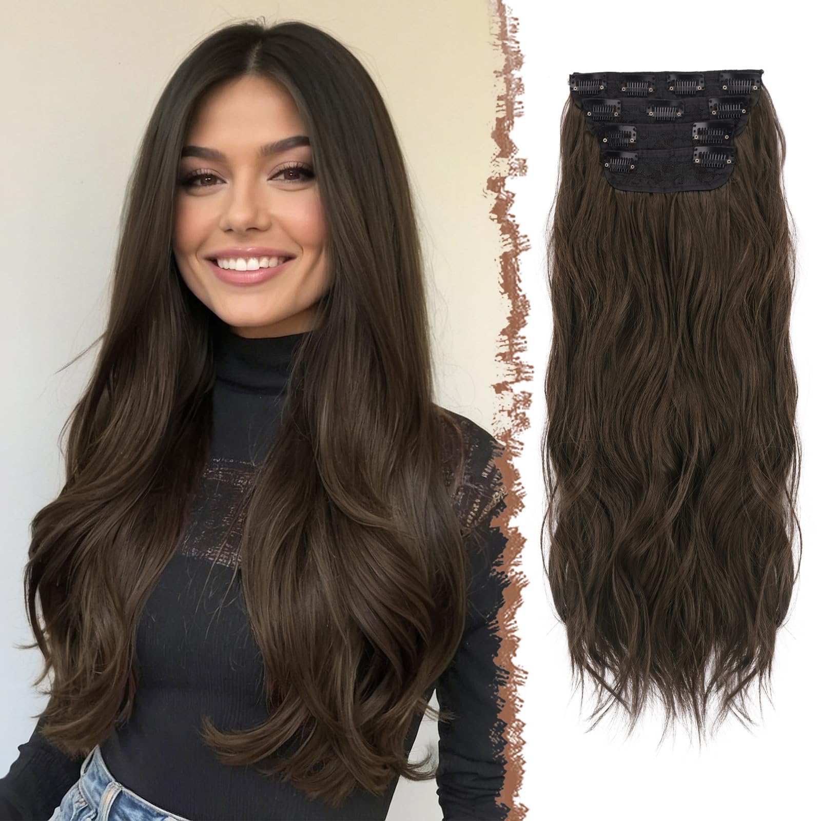 Photo 1 of FESHFEN Clip in Hair Extensions for Women - 4 Pcs Thick Double Weft Long Wavy Soft Synthetic Blends Well Hair Extension, 20 inch Dark Brown