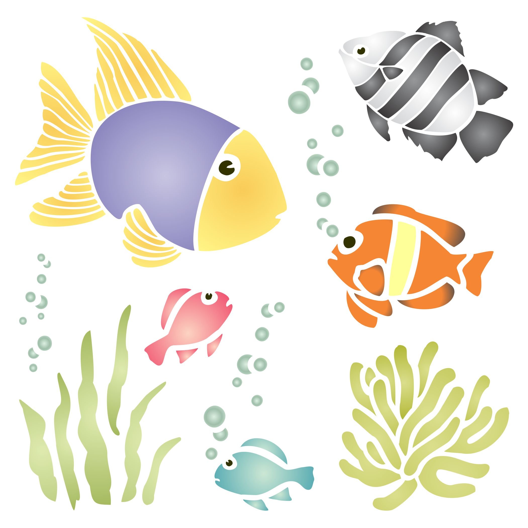Tropical Fish Stencil - 16.5 x 16.5cm (M) - Reusable Fish Seaweed Corel Kelp Bubbles Wall Stencil Template