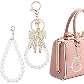 DOPENSPI Rhinestone Bow Keychain with Pearl Wristlet Chain, Purse Bowknot Key Chain Gold Purse Charm Accessories for Women Handbag Backpack Decorations