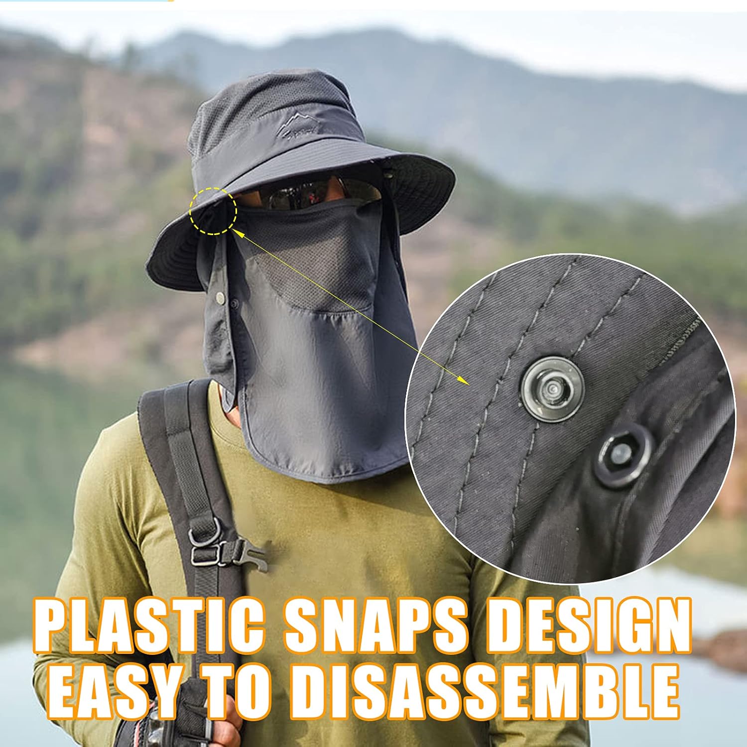 Fishing Hat for Men & Women, Outdoor UV Sun Protection Wide Brim Hat with Face Cover & Neck Flap Dark Grey: Clothing