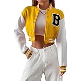 WDIRARA Women's Casual Button Down Letter Patched Color Block Crop Varsity Jacket Outerwear