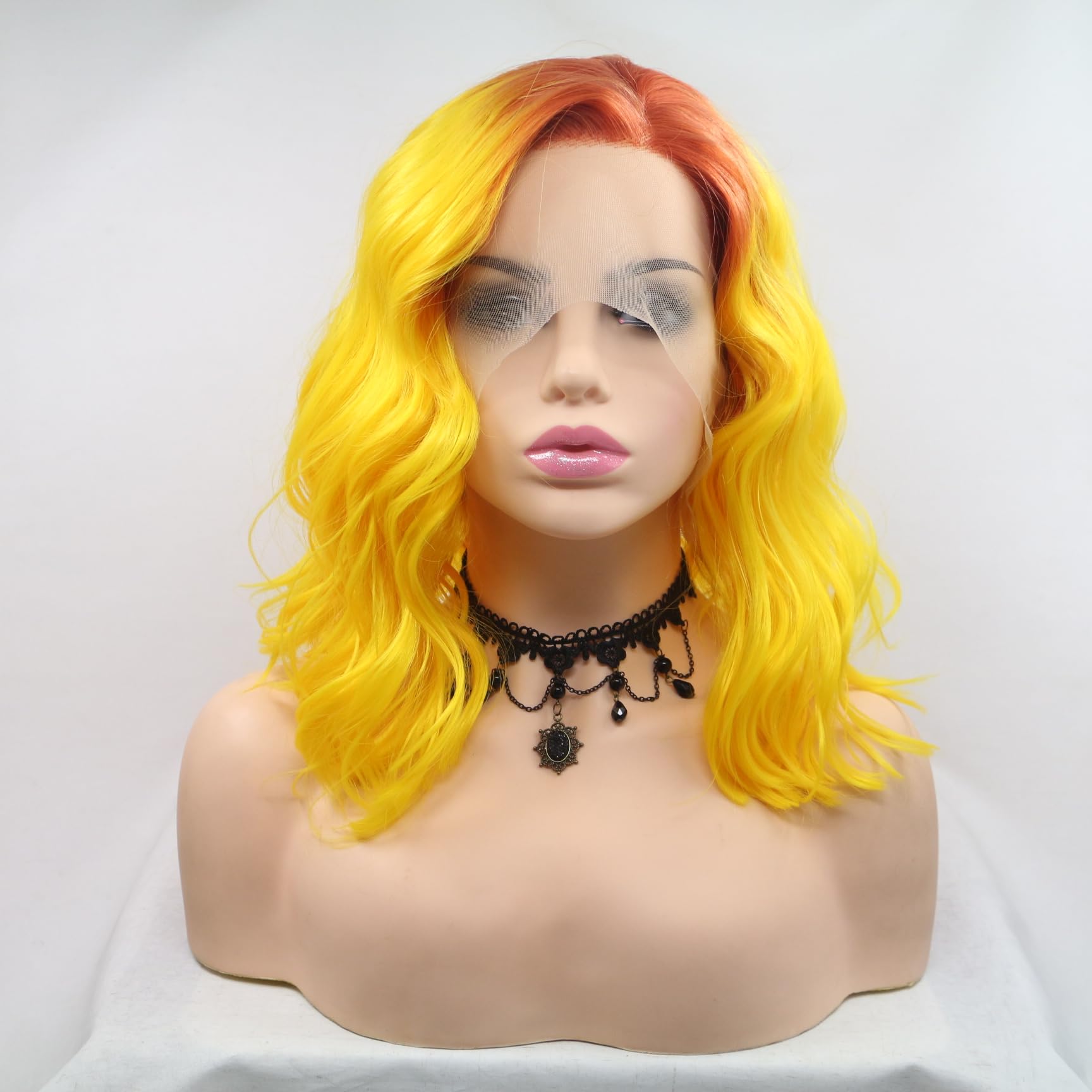 Shoulder Length Lace Front Wigs Short Bob Curly Wavy Wigs Pre Plucked Synthetic Heat Resistant Hair Natural Waves Daily Wigs for Women Cosplay (Red Ombre Yellow)