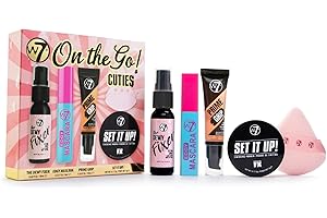 W7 On the Go Cuties Gift Set - Mini Makeup Essentials with Primer, Mascara, Setting Spray, Loose Powder & Powder Puff - Travel Size Beauty Favourites - Stocking Stuffer