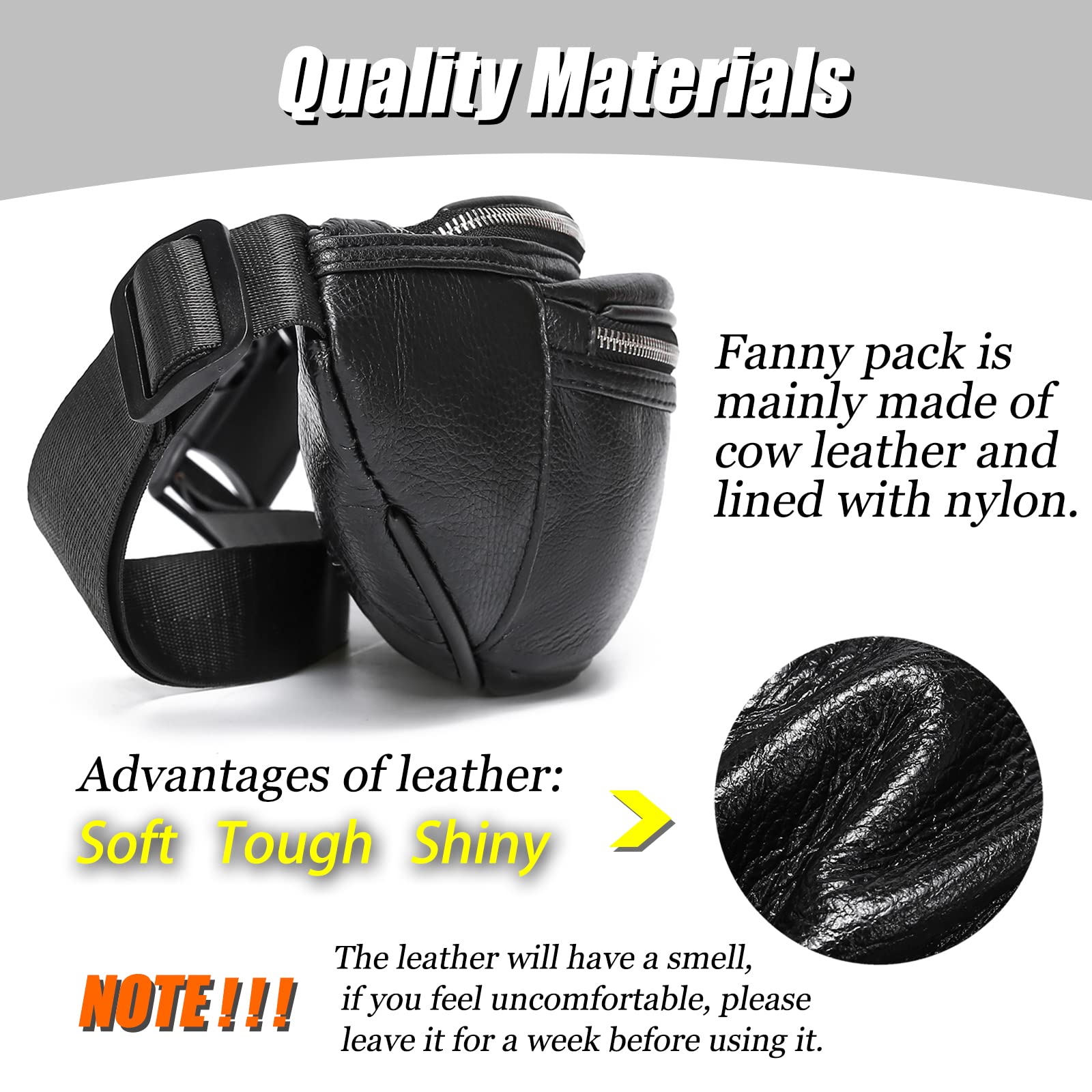 OrrinSports Black Fanny Pack for Men Genuine Leather Waist Bag Multiple Pockets Metal Zippers Belt Bag for Travel Hiking Cycling Fishing