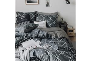 HighBuy Premium Cotton Queen Bedding Sets Grey Duvet Cover Set Queen(1 Duvet Cover + 2 Pillowcases) for Boys Men Geometric Grid Duvet Cover Queen 3 Pieces Queen Bedding Collection,Lightweight