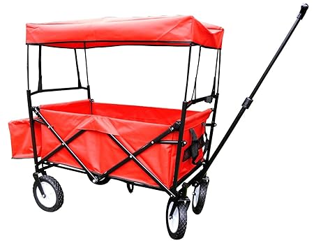 Bieco 22000116 Klappbarer Bollerwagen mit Dach und Regenschutz, rot, ca. 110 x 50 x 92 cm, bis 75 kg