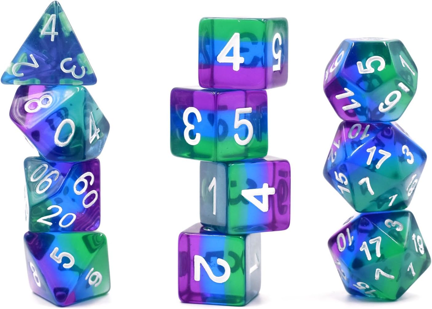HDdais Polyhedral RPG Dice Transpatrent Aurora 11 Piece Dice Set for Dungeons and Dragons & Tabletop Games, RGP & DnD Games, Math & MTG (Purple Blue Green)