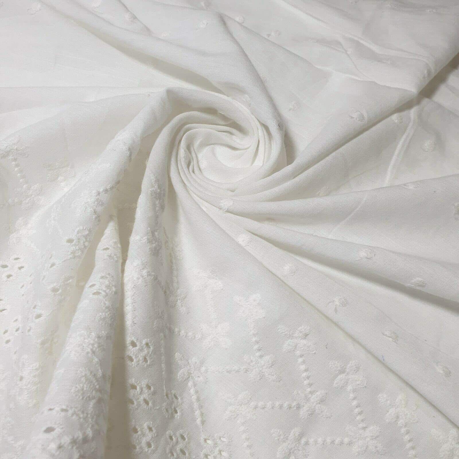 100% Cotton Lawn Border Broderie Anglaise Embroidered Dress Craft Fabric Material 44" - 112 cm Wide Sold As 1 Meter Pre - Cut Lengths (White, 1 Meter)