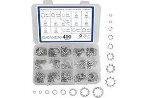 XINGYHENG 400Pcs 8 Size 304 Stainless Steel External Internal Tooth Star Lock Washer Circlip Snap Spring Ring Assortment Kit M2 M3 M4 M5 M6 M8 M10 M12