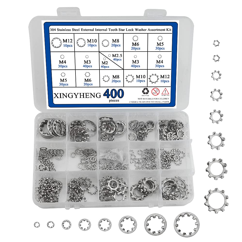 BGTXINGI 400Pcs 8 Size 304 Stainless Steel External Internal Tooth Star Lock Washer Circlip Snap Spring Ring Assortment Kit M2 M3 M4 M5 M6 M8 M10 M12