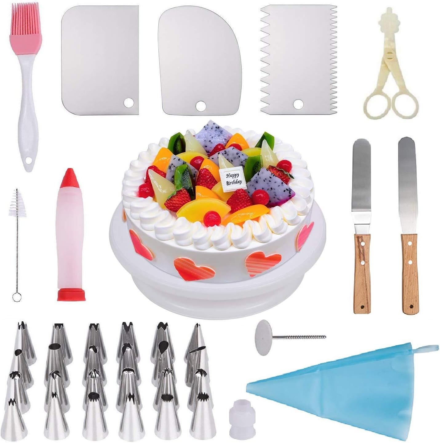XIANGBAN 35-Teiliges Tortenplatte Drehbar Tortenständer Inklusive Spritztüllen Set und Spritzbeutel, Dekorierstift, Tortenmesser, Teigschaber, Backpinsel, Blume Lifter, Spitze Koppler