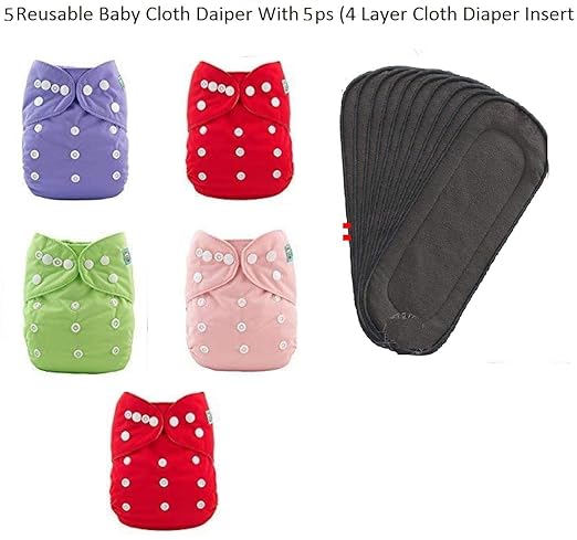 Toyboy Premium Quality Adjustable & Reusable Baby Washable Cloth Diaper Nappies with Wet-Free Inserts for Babies/Infants/Toddlers |Age 0 to 2 Years (Set of 5)- (Assorted Colours)