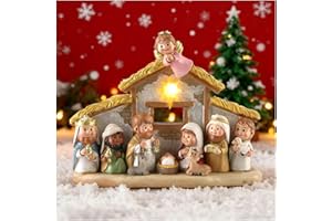 Magicsculp One Piece Christmas Nativity Scene Set with Praying Angel - 8" W Holy Family Statue with LED Lights Manger, Religious Jesus Ornaments for Living Room Centerpiece