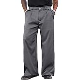 PLEPAN Men's Wide Leg Dress Pants Baggy Pleated Casual Trousers Relaxed Fit Elastic Waist Business Slacks