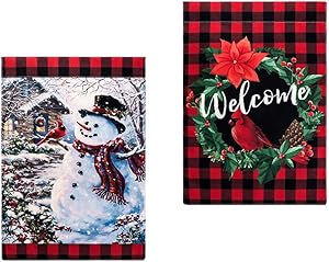 CDLong 2 Pack Cardinal Garden Flag - Wreath Welcome Garden Flag&Snowman Yard Flag - Buffalo Check Plaid Winter Yard Flag Double Sided, Rustic Christmas Yard Decor, Holiday Outdoor Flags 12.5 x 18 Inch
