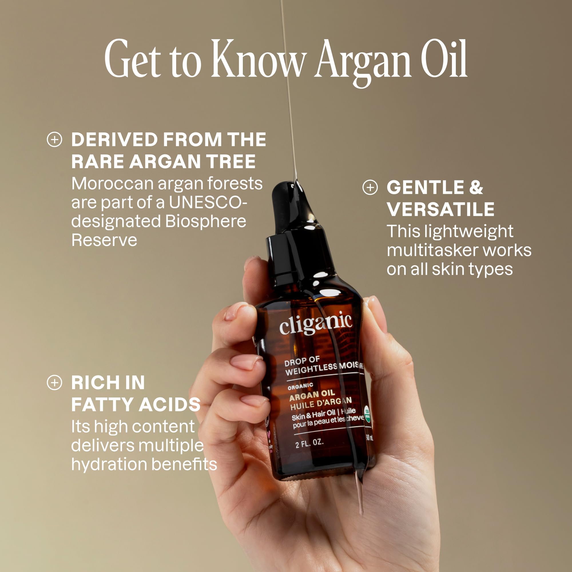 Cliganic Organic Argan Oil, 100% Pure - for Hair, Face & Skin | Cold Pressed Carrier Oil